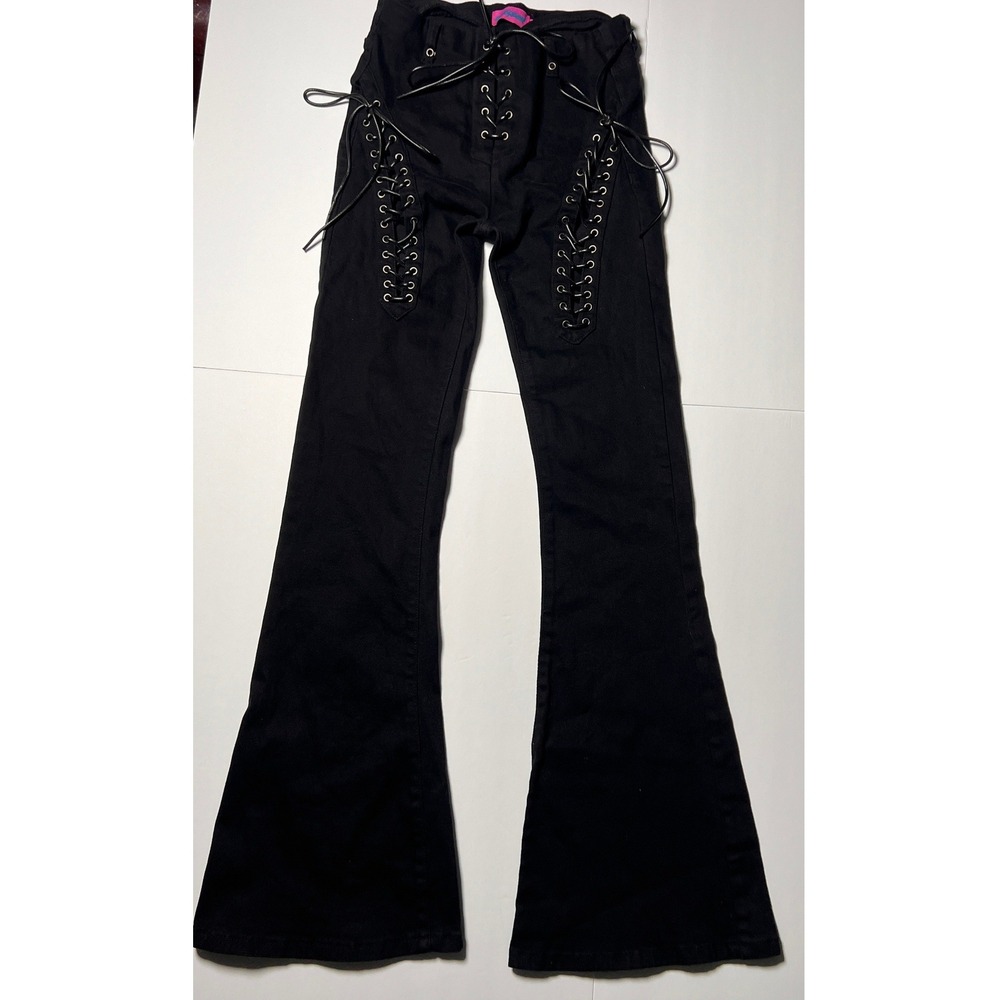 Edikted Lace Up Flare Jeans Womens Small Black Triple Grommet Detail